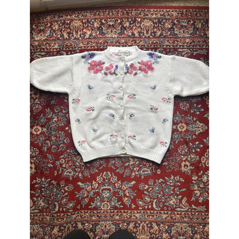 O VTG Women’s White Chunky Cottage Cotton Floral Knitted Cardigan Sweater Large